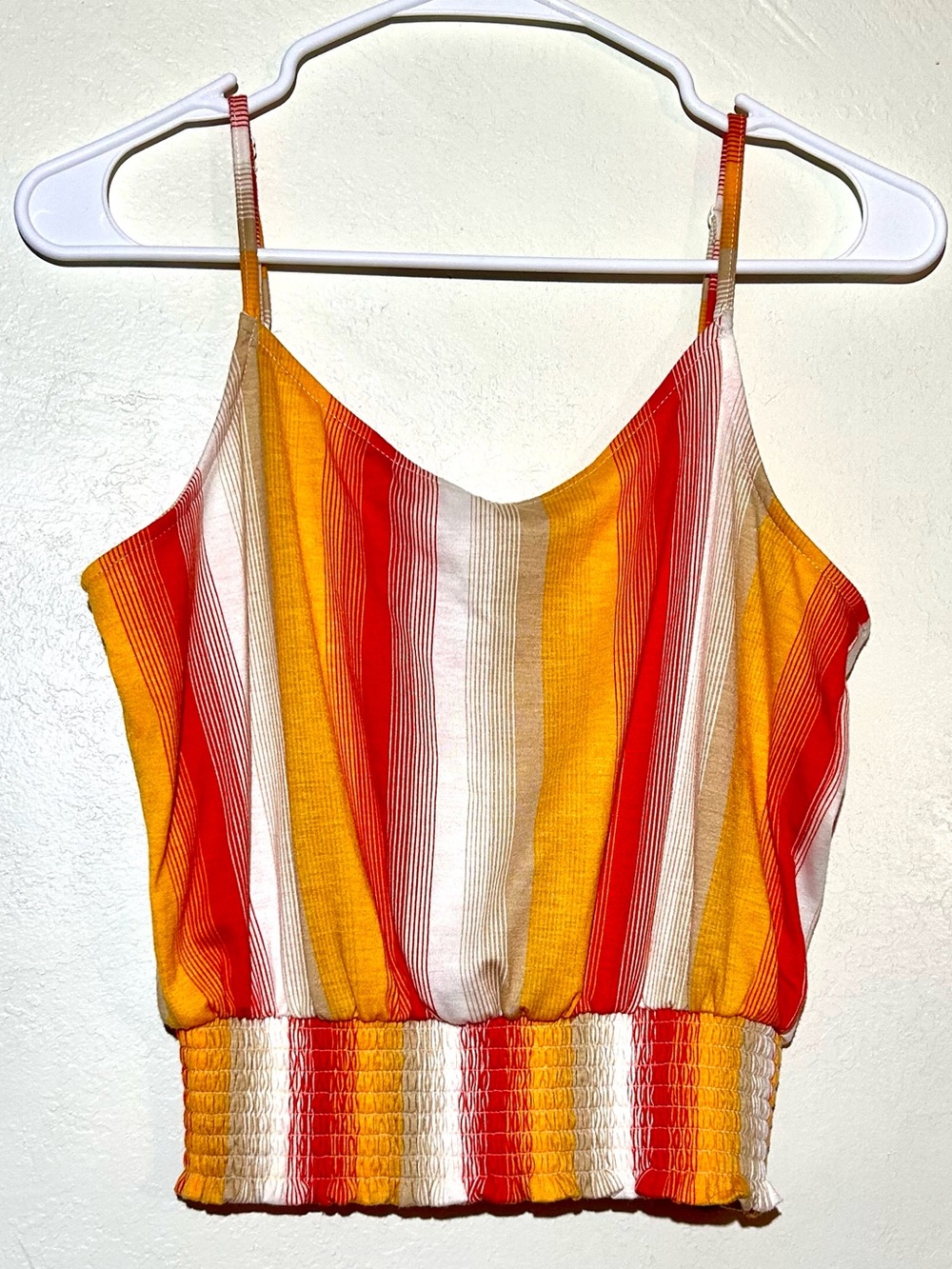 Striped Yellow-Red Smocked Hem Crop Top